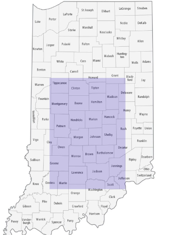 Map of Indiana highlighting the Central and South Central service area